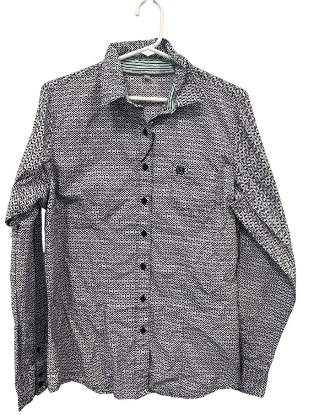 Cinch Geometric Button Down Shirt Youth XL Long Sleeve White Blue Career Western